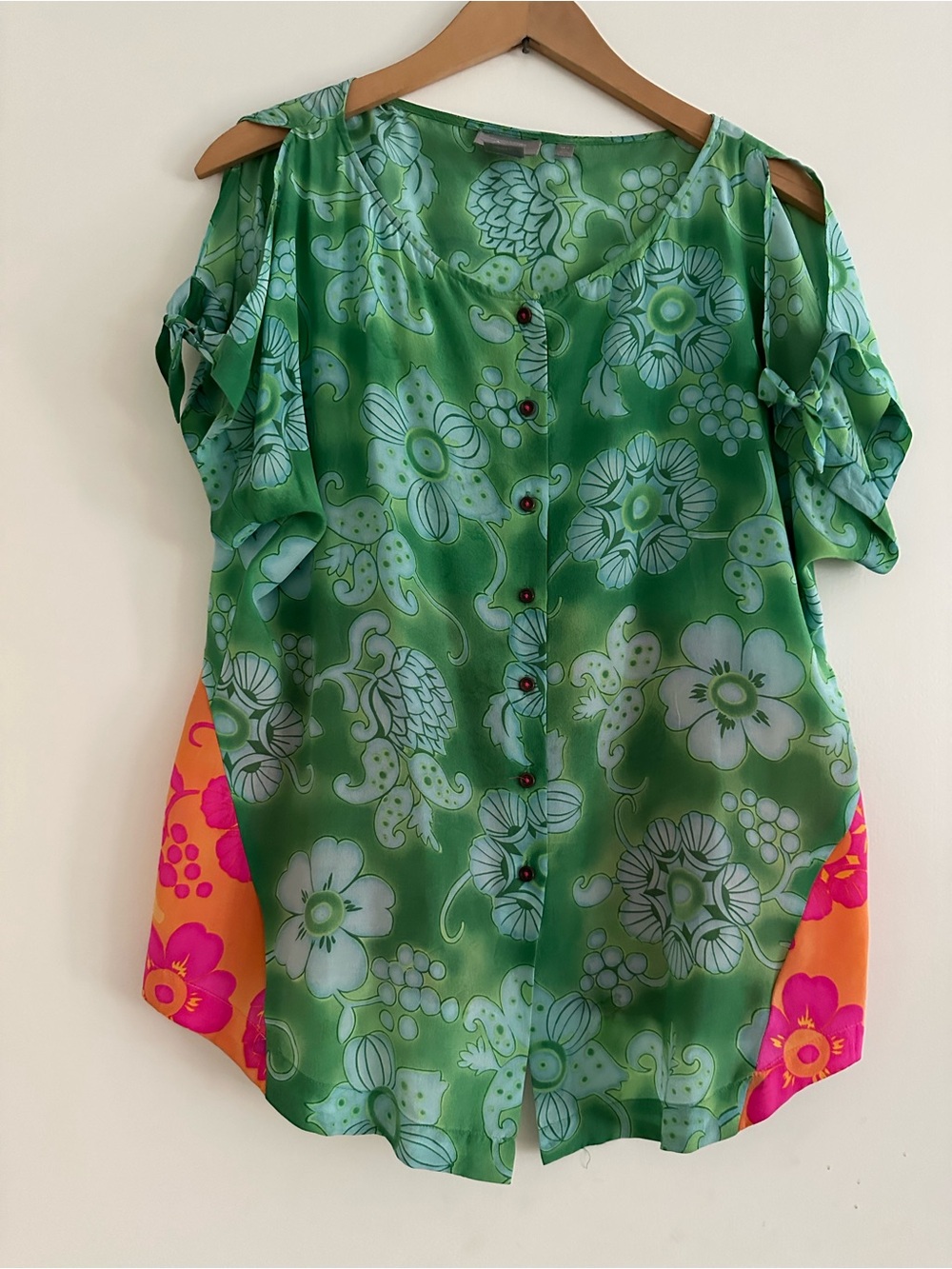 Green Floral Cold-Shoulder Blouse with Bright Accent Panels